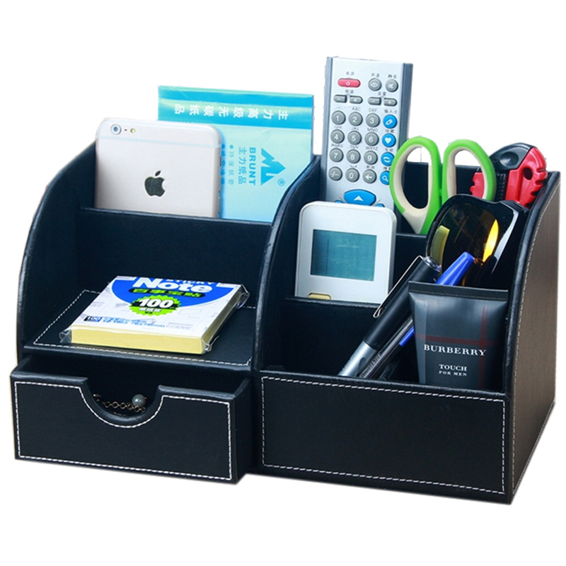 皮革多功能抽屉式桌面收纳盒 办公文具笔筒木韩国小清.新创意时尚