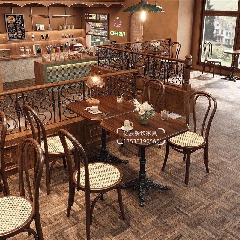 美式复古咖啡厅桌椅甜品烘焙店酒馆民宿奶茶店椅子V西餐店实木桌