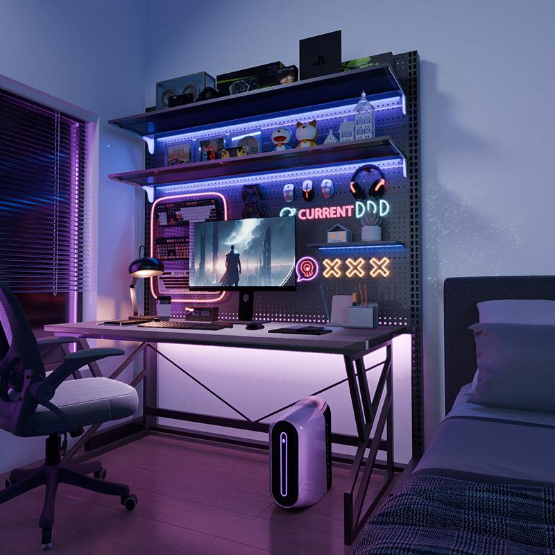 电竞房洞洞板黑色墙上置物架书房上方电脑桌墙面挂板收纳铁艺书架