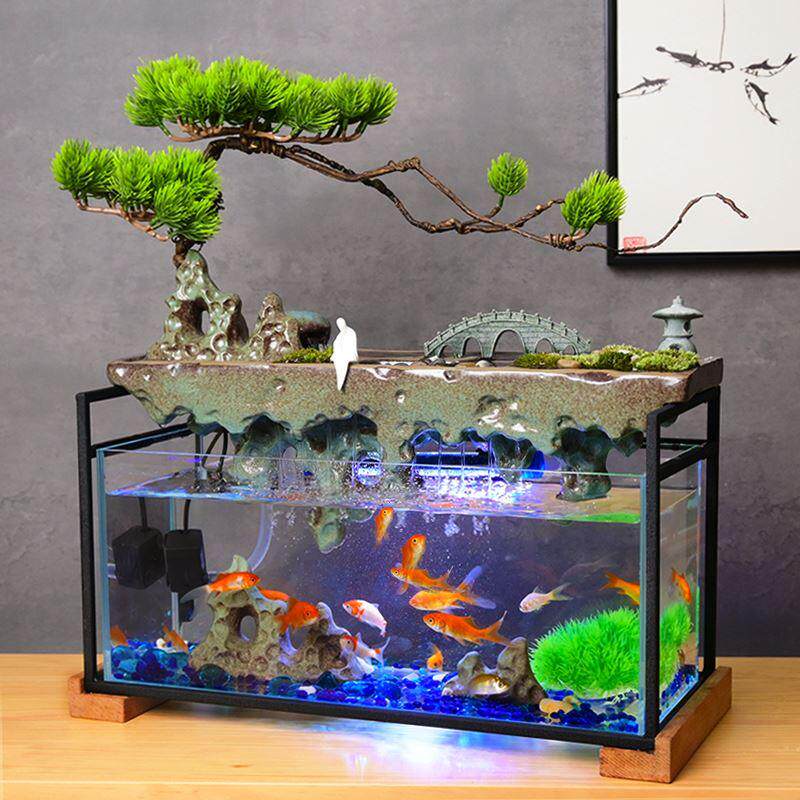 创意新中式客厅桌面招财循环假山流水族玻璃金鱼缸办公室生财摆件