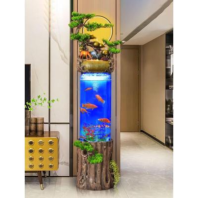 客厅流水生财摆件电视柜旁落地圆柱形金鱼缸办公室循环装饰加湿器