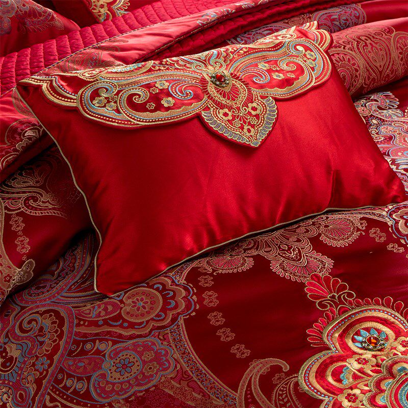 结婚四件套大f红色新婚喜被婚礼真丝棉刺绣长绒棉婚庆床上用品十