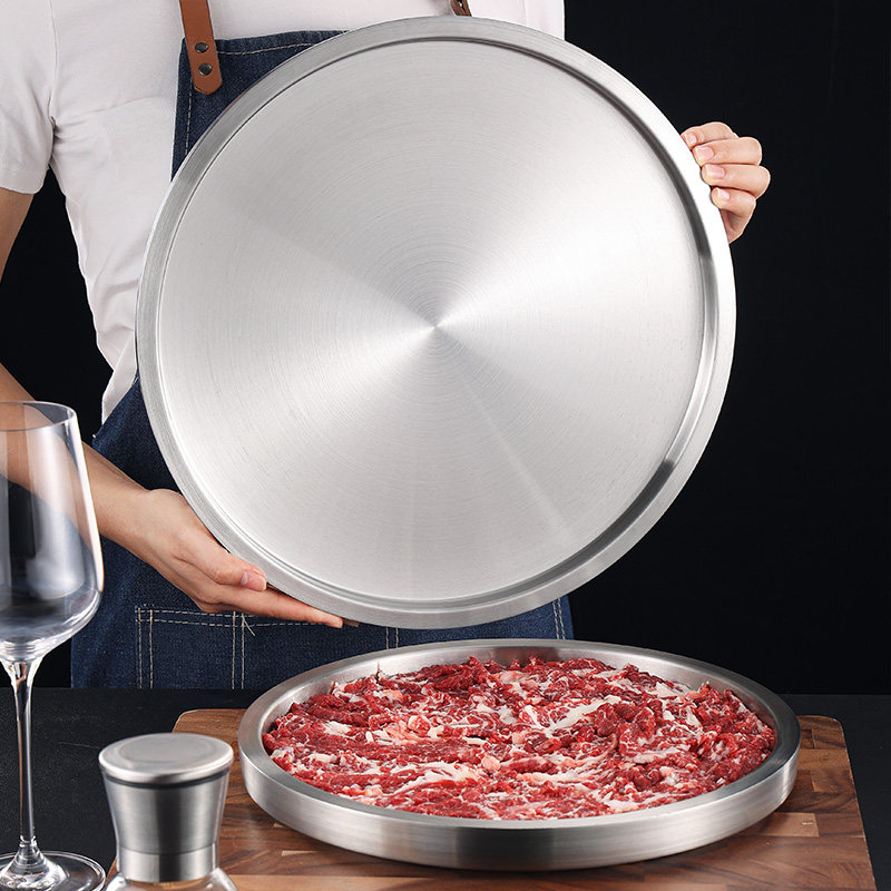 304不锈钢圆盘商用o双层盘怂火锅店牛肉托盘加厚平底盘烤肉店盘子