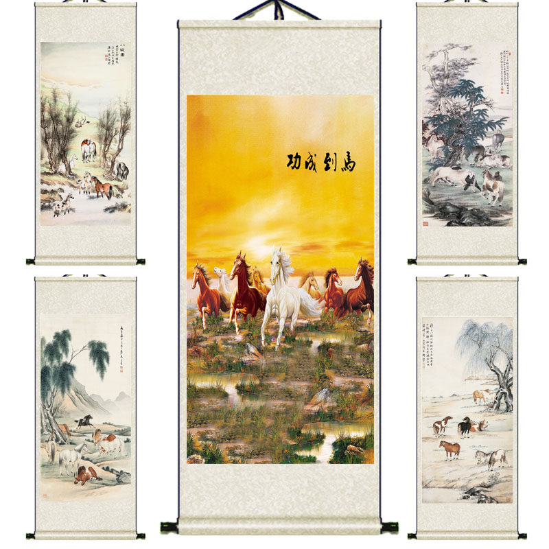 郎世宁八骏图挂画客厅壁画风水卷轴F动物字画马到成功玄关装饰画