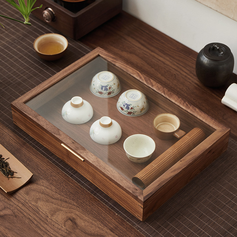 黑胡桃木b桌面收纳盒防尘透明玻璃展示盒家用日式茶杯标本陈列盒,收纳整理,桌面收纳盒,淘宝优惠券,粉丝福利购,淘宝优惠卷