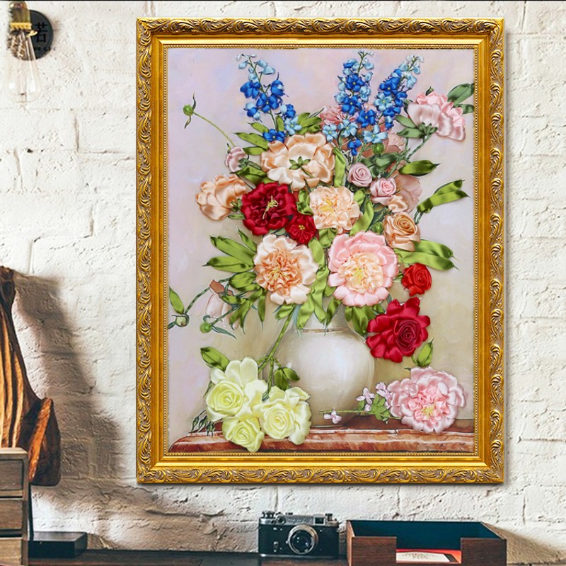 丝带绣客厅e大挂画彩带十字绣三联画2021新款绣手工刺绣自绣材料