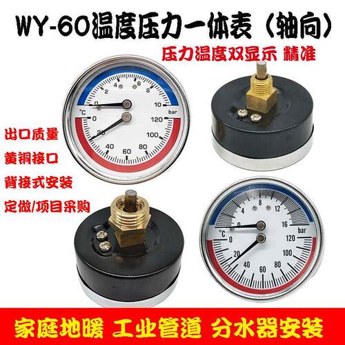 轴向温度压力一体表WY-60Z地暖用压力表水压表4分10bar/16bar气压
