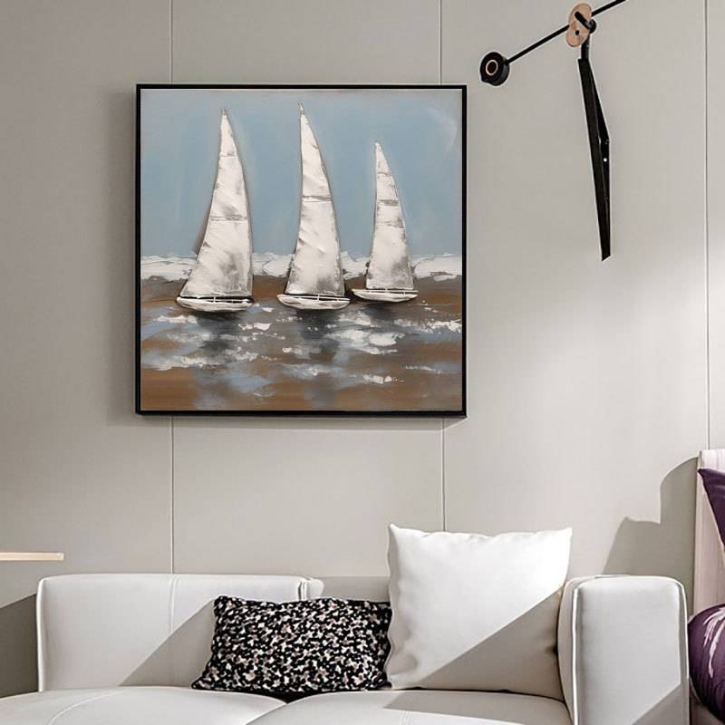 纯手绘抽象油画帆船大海沙发背景客厅卧室画玄关餐厅肌理装饰画图片