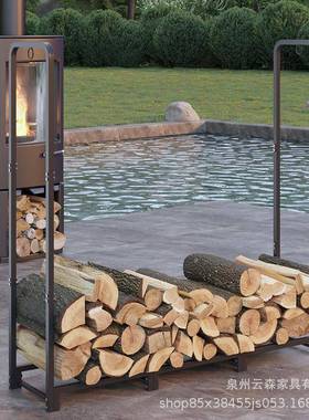 室4艺英尺柴外火架室外室内重装型熟木柴支HKB架黑色铁拆收纳