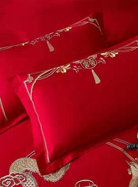 高档婚喜庆红色纯棉枕套中一对装大式刺绣枕头套喜结字QUE全棉枕