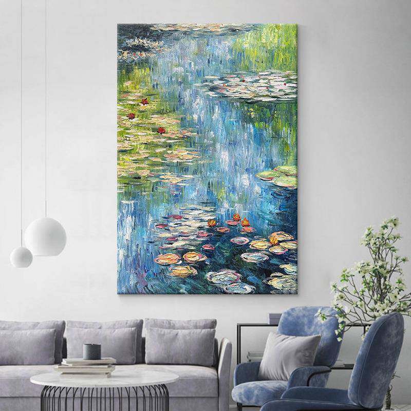 装莫睡莲手绘油画荷界叶荷塘风景世名画饰画客VCE厅挂画玄关肌理