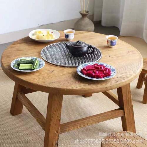 老榆木茶桌围桌几炉煮矮39316具茶台复古圆形一四椅家风化实木家