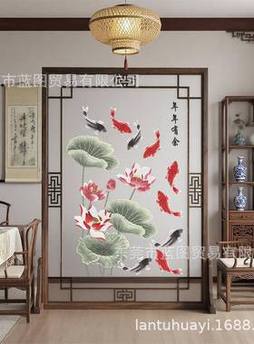 透明纱布半实木茶室书房入户隔VGP框断折画叠座连年有余双面刺绣