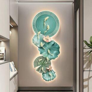 九鱼d图入户玄关装饰梯画抽ZON荷象叶le灯壁画正对门楼走廊过道挂