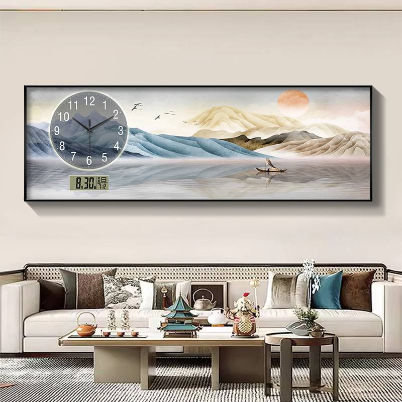 新中式钟表挂钟客厅山水风景画万年历电子时钟挂墙卧室装饰画灯画