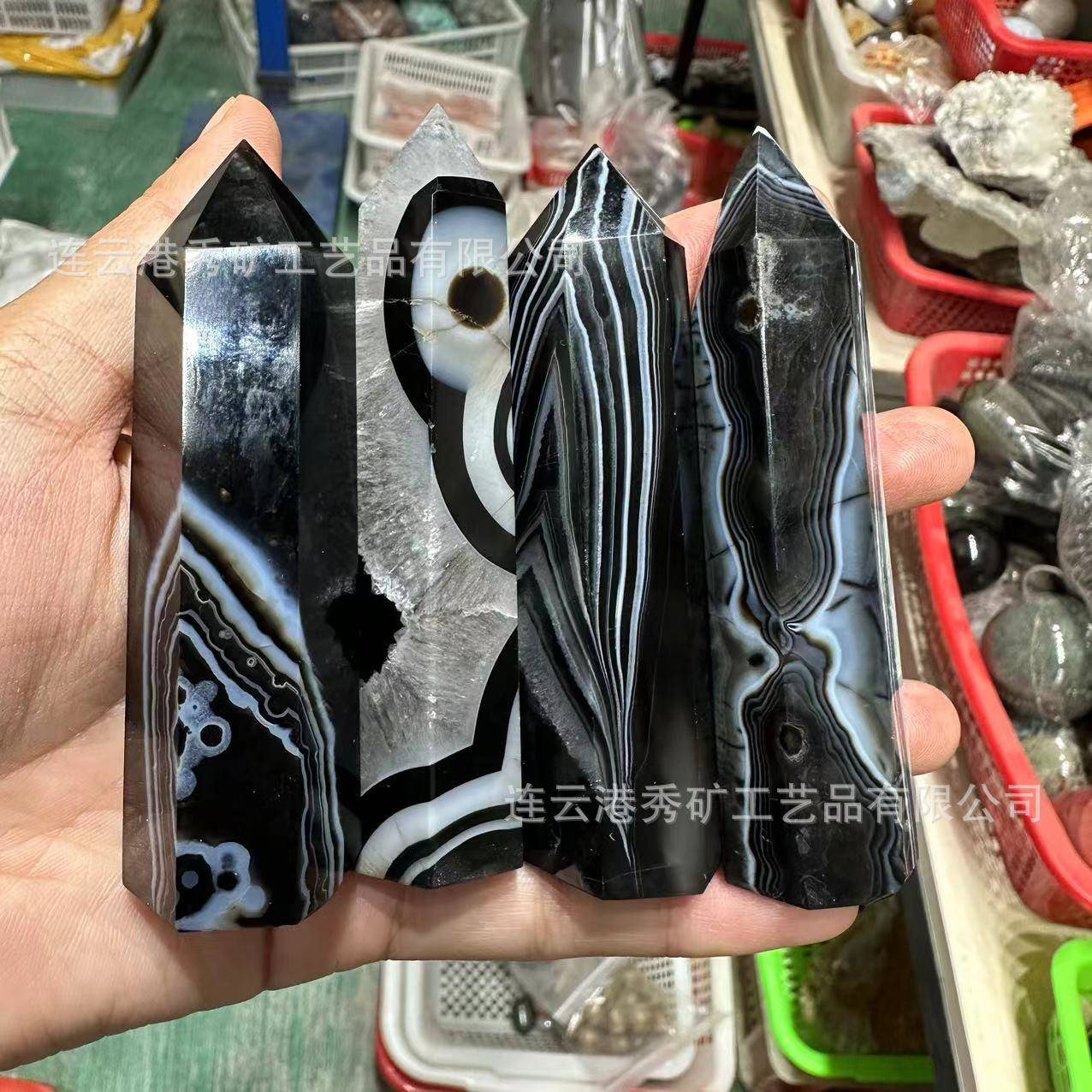 天然水晶黑玛瑙装柱子原石纯手件工打磨EPZ六子棱单尖柱摆创意饰