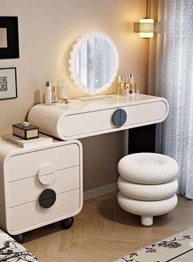 新款法式圆梳妆台卧室梳妆台斗柜一体桌化台10060809轻妆奢书奶油