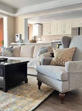 美简式复古布艺老椅单人木质沙发约客厅卧室虎高靠背休闲91942搭