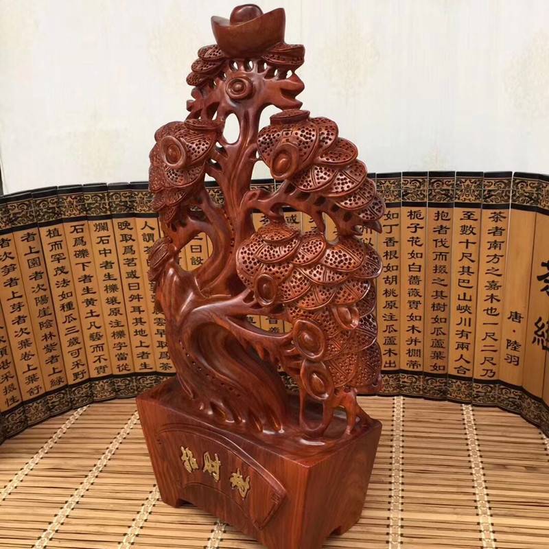 非洲花梨木雕招财树摆件黑檀木质工艺品家居办公饰品