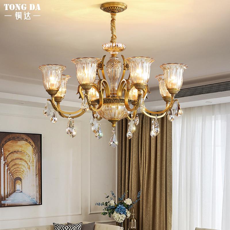 式水晶全吊灯别墅大气厅餐厅灯复式楼房间铜轻客GHQ奢吊灯美式灯