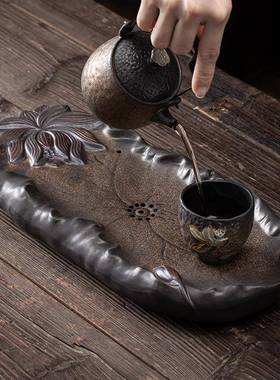 一曲莲茶盘日式水鎏金清釉家用蓄水排双用铁陶瓷干泡盘茶PXLD2021