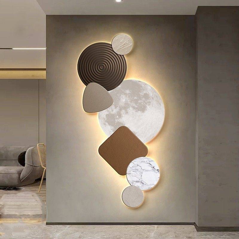 现代轻奢入户玄关装饰画led灯壁画肌理圆形几何月亮走廊过道挂画图片