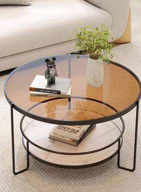 网红现意式化玻璃茶几钢小型户AL102284客厅圆形家代用迷你小桌子