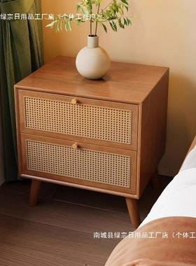 厂家新13119中原式实木床头柜藤编木黑卧胡桃木储色室床边收纳物