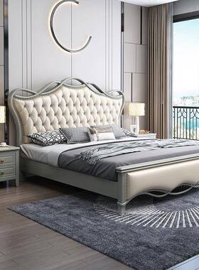 美式木床1实.米白8IAG色双人床现代简约轻奢主卧1.5米公床主软包