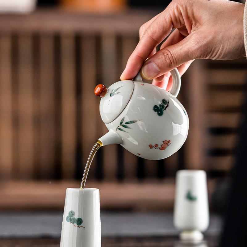 老陶泥釉下手绘壶岁寒三友JNT---CH龙蛋壶茶文人雅壶植小品带球孔