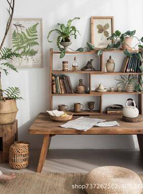 实木书柜新中老榆木桌书可式46805伸缩置物架原木多层展示架架面