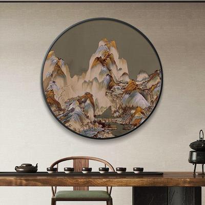 新中式玄室关饰画圆形挂山水画入户门le64214d灯画客厅茶红色装壁