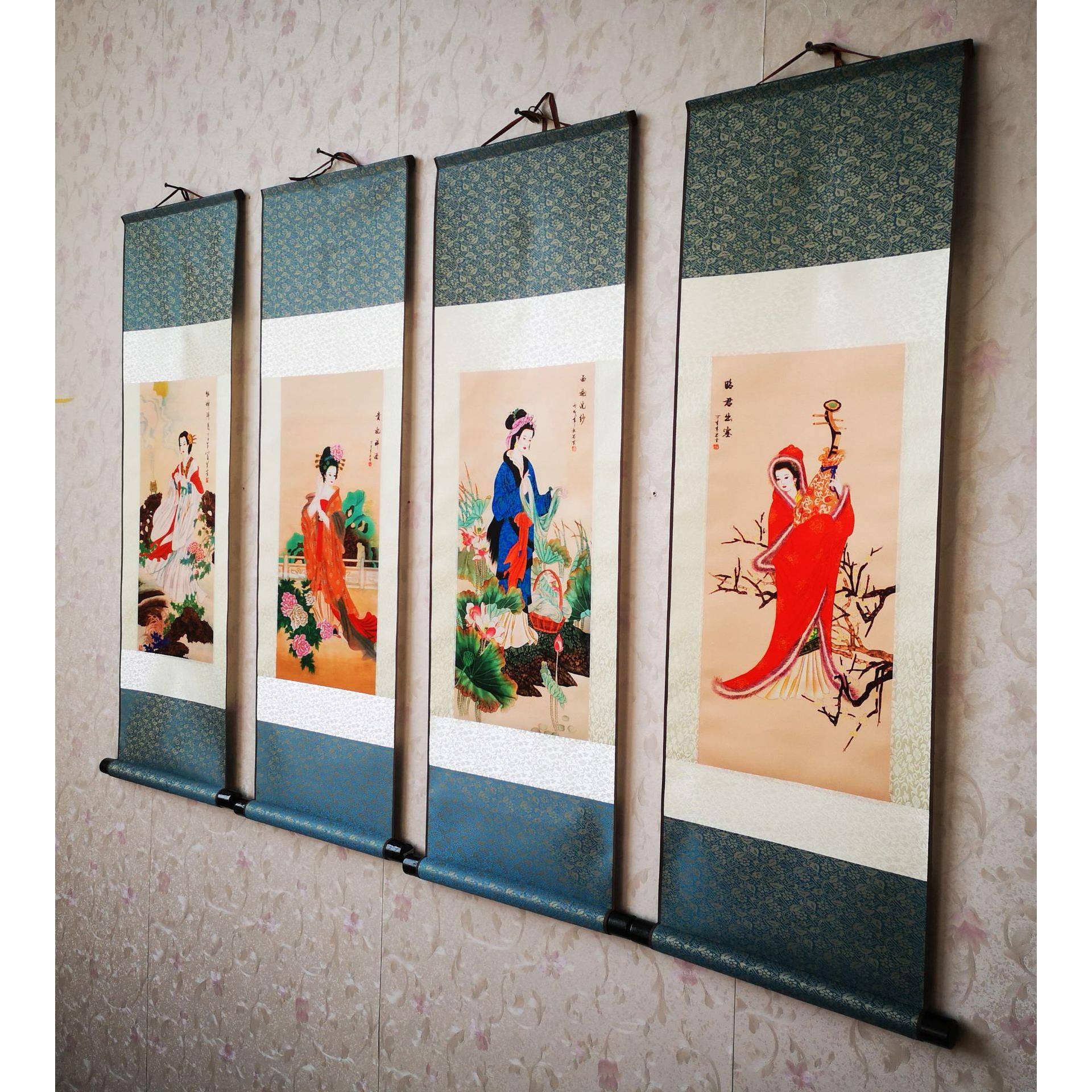 家T居装饰工笔人物丝四屏四大美女绸条画卷轴成套国T20画20