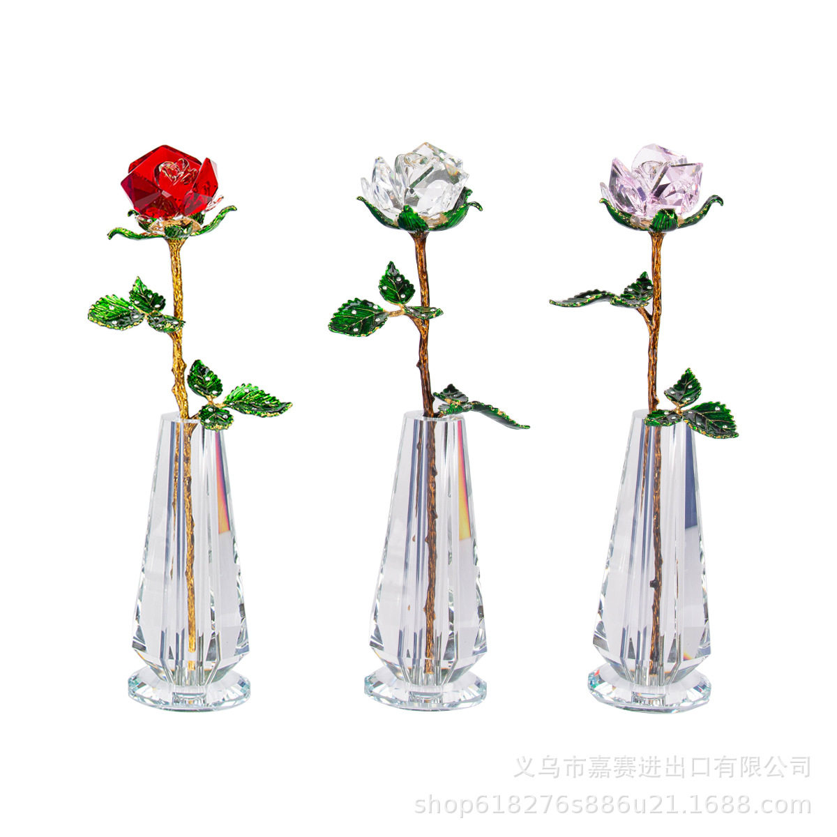 中式现代简约风格水晶工艺品桌面办公摆件水晶玫瑰花盛开玫瑰花瓶