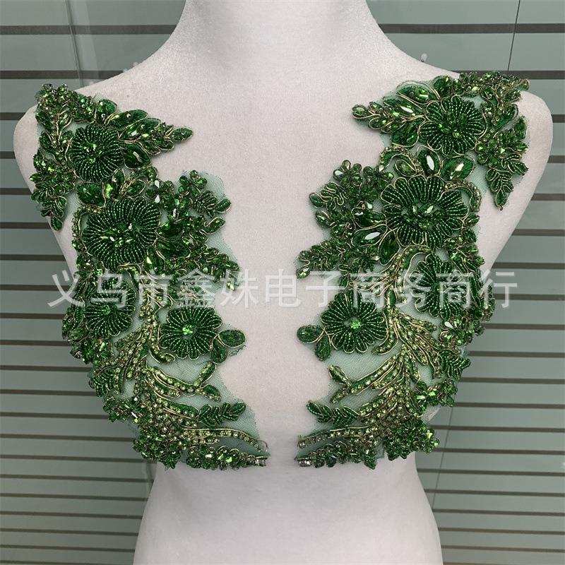 1对重工钉珠订钻花朵奢华珠绣对花领口胸花diy配饰贴花轻奢花边