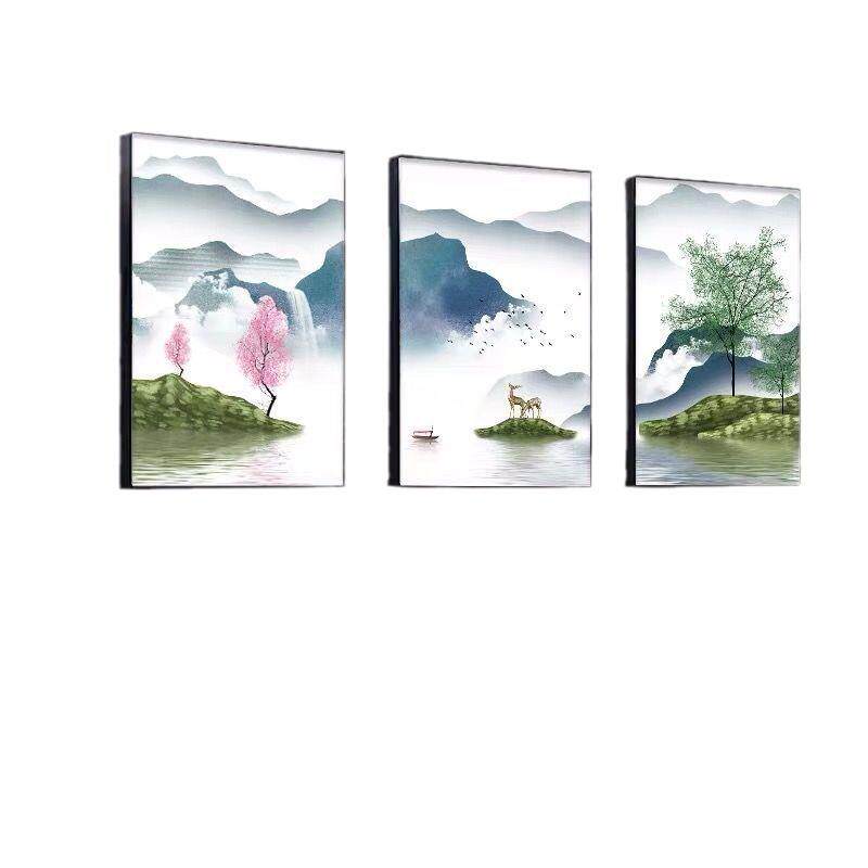 新中式客厅装饰画餐厅水彩三联画中国田园风沙发背景墙壁后面挂画