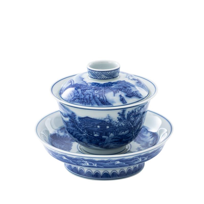 高档仿古青花三才盖碗茶杯单个中式泡茶碗大号敬茶碗陶瓷盖碗礼品