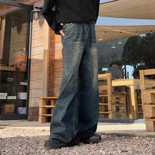 百搭休闲 直筒宽松阔腿裤 RIDICULOUS不可理喻 复古做旧水洗牛仔裤