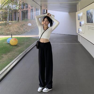 五零伍零Wuling黑色阔腿裤女春秋季垂坠感西装裤高腰拖地直筒长裤