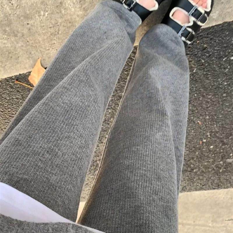 韩国灰色加绒阔腿裤女秋冬2024新款小个子运动裤直筒显瘦针织卫裤