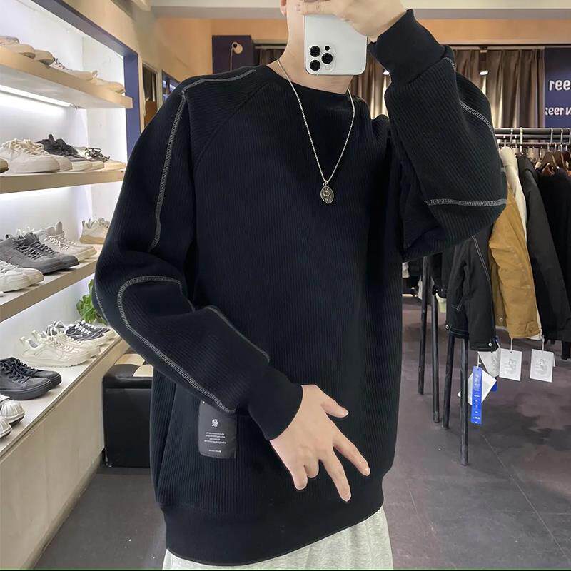 坑条肌理纹重磅圆领卫衣男春秋宽松2025冬季新款打底衫加绒厚上衣