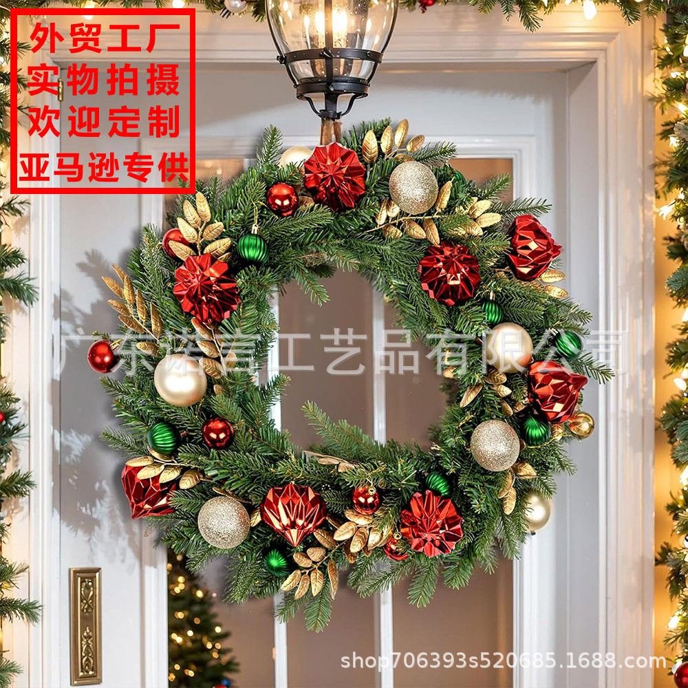 仿真圣诞花环跨境货源节日背景装饰门饰红果松针绿植人造圣诞花环