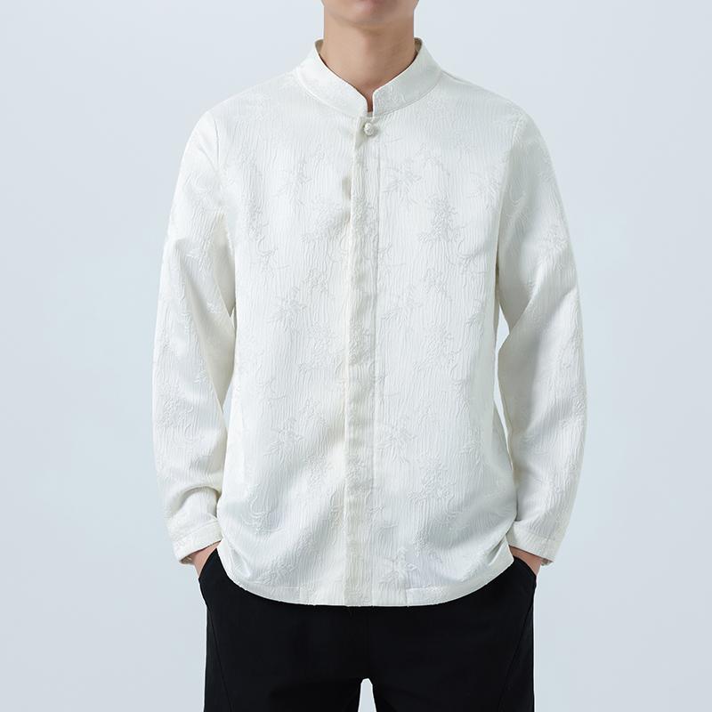 中国风男装唐装上衣宽松大码复古中式立领提花长袖衬衫新中式穿搭