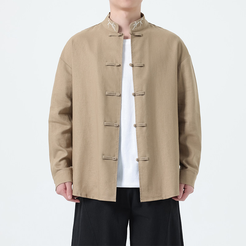 新中式穿搭 中国风棉麻唐装长袖衬衫男 中华立领刺绣宽松盘扣上衣