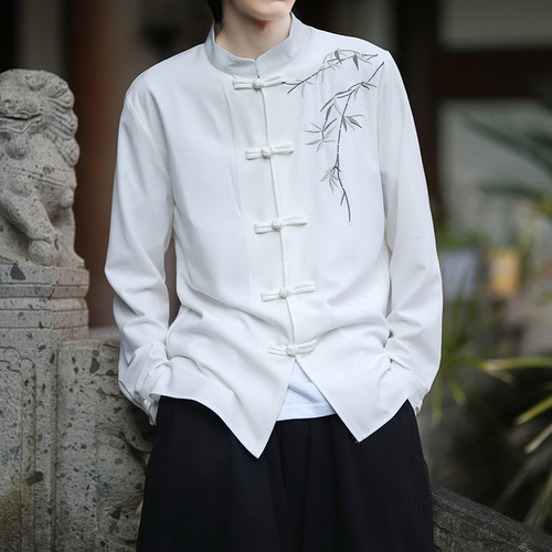 新中式唐装男中国风春夏季冰丝长袖衬衫改良刺绣汉服宽松大码衬衣
