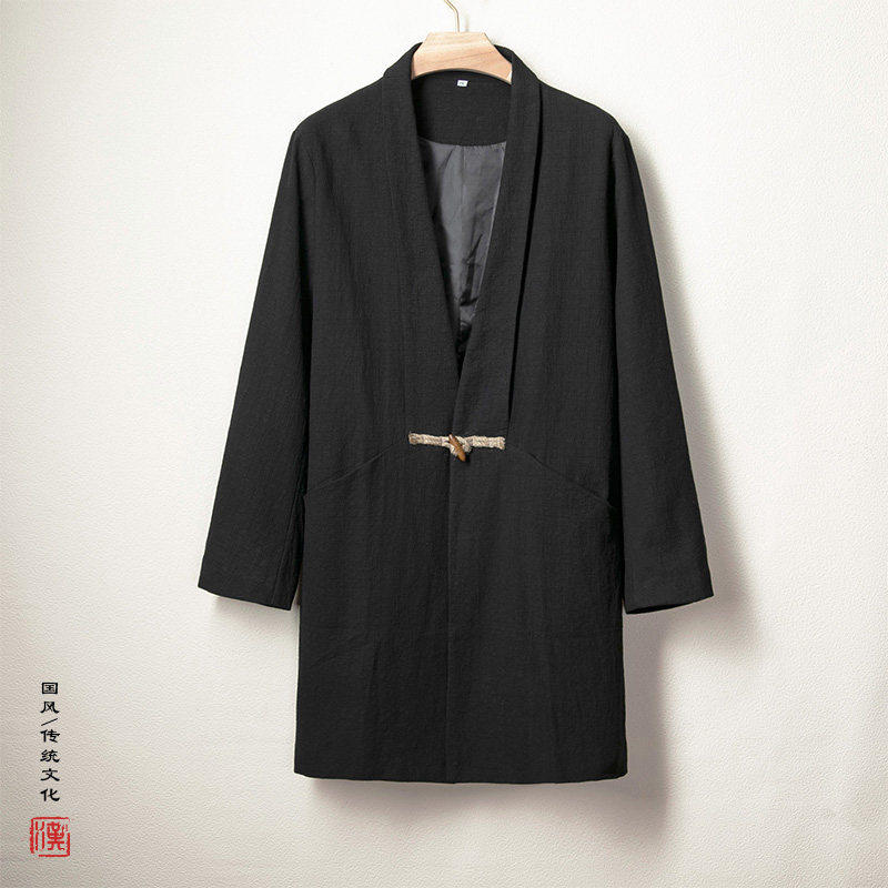 复古文艺中国风秋冬男装棉麻提花禅意长款亚麻风衣牛角扣棉麻外套