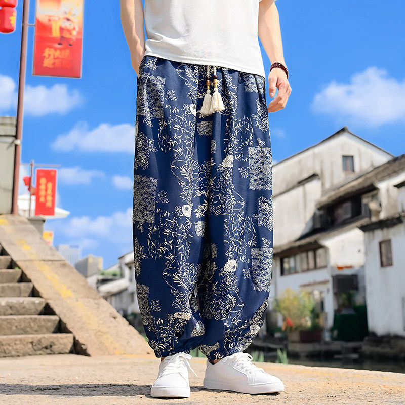 民族风休闲长裤男中国风夏季薄款直筒裤复古阔腿裤大码束脚灯笼裤