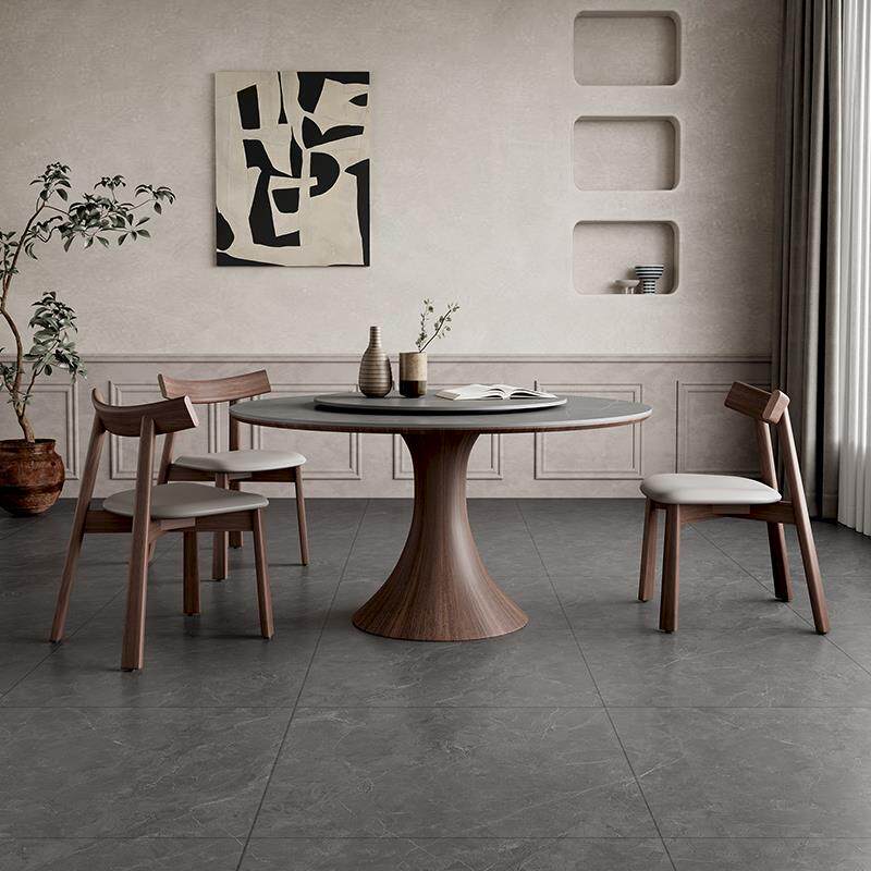 北欧实木餐桌圆形转盘现代简约胡桃色贴皮侘寂风意式哑光岩板圆桌