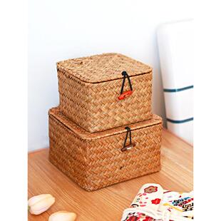 藤编小盒子海草收纳盒复古正方形文玩收纳筐带盖草编盒子中式礼盒