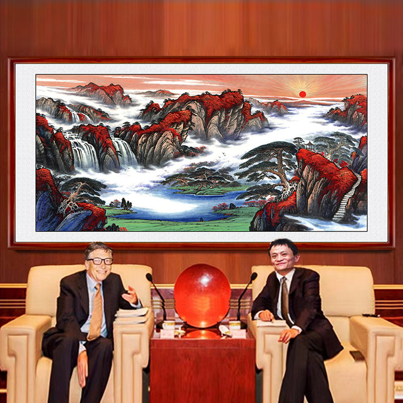 鸿运当头国画旺财山水画客厅挂画自粘装饰画布料背景墙靠山图贴画